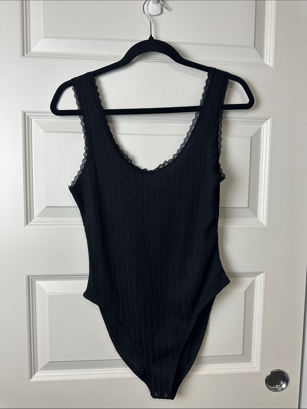 Forever 21 Black Ribbed Lace-Trim Bodysuit Medium Sheer